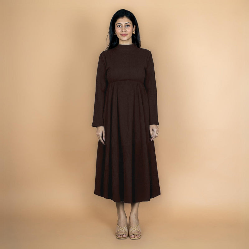 Brown Crinkled Cotton Flax Fit and Flare Maxi Empire Dress