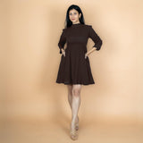 Brown Crinkled Cotton Flax Fit and Flare Short Empire Dress