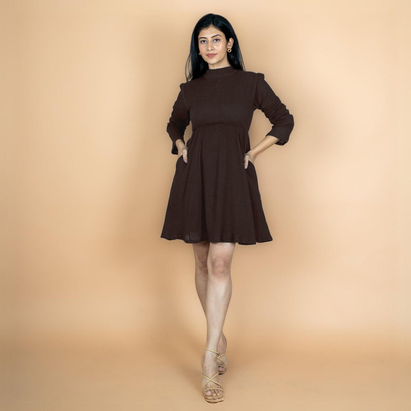 Brown Crinkled Cotton Flax Fit and Flare Short Empire Dress