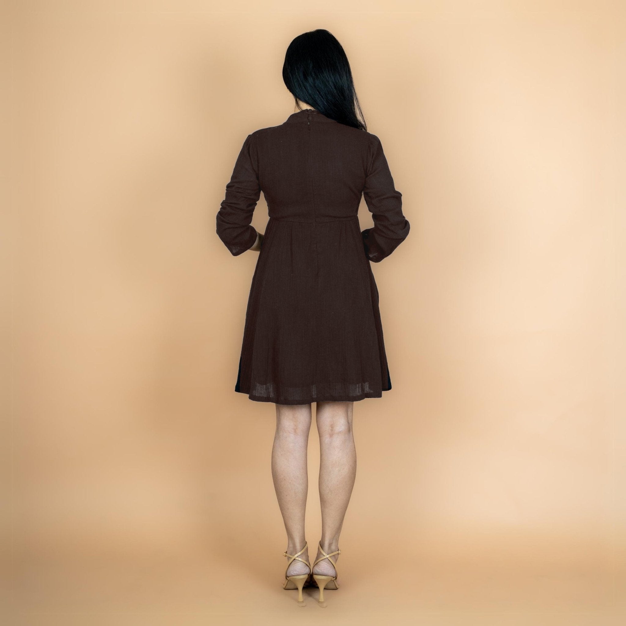 Brown Crinkled Cotton Flax Fit and Flare Short Empire Dress