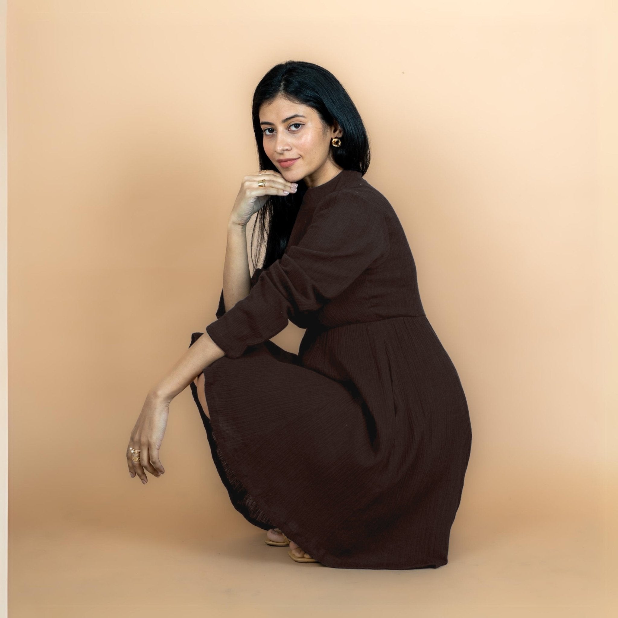 Brown Crinkled Cotton Flax Fit and Flare Short Empire Dress
