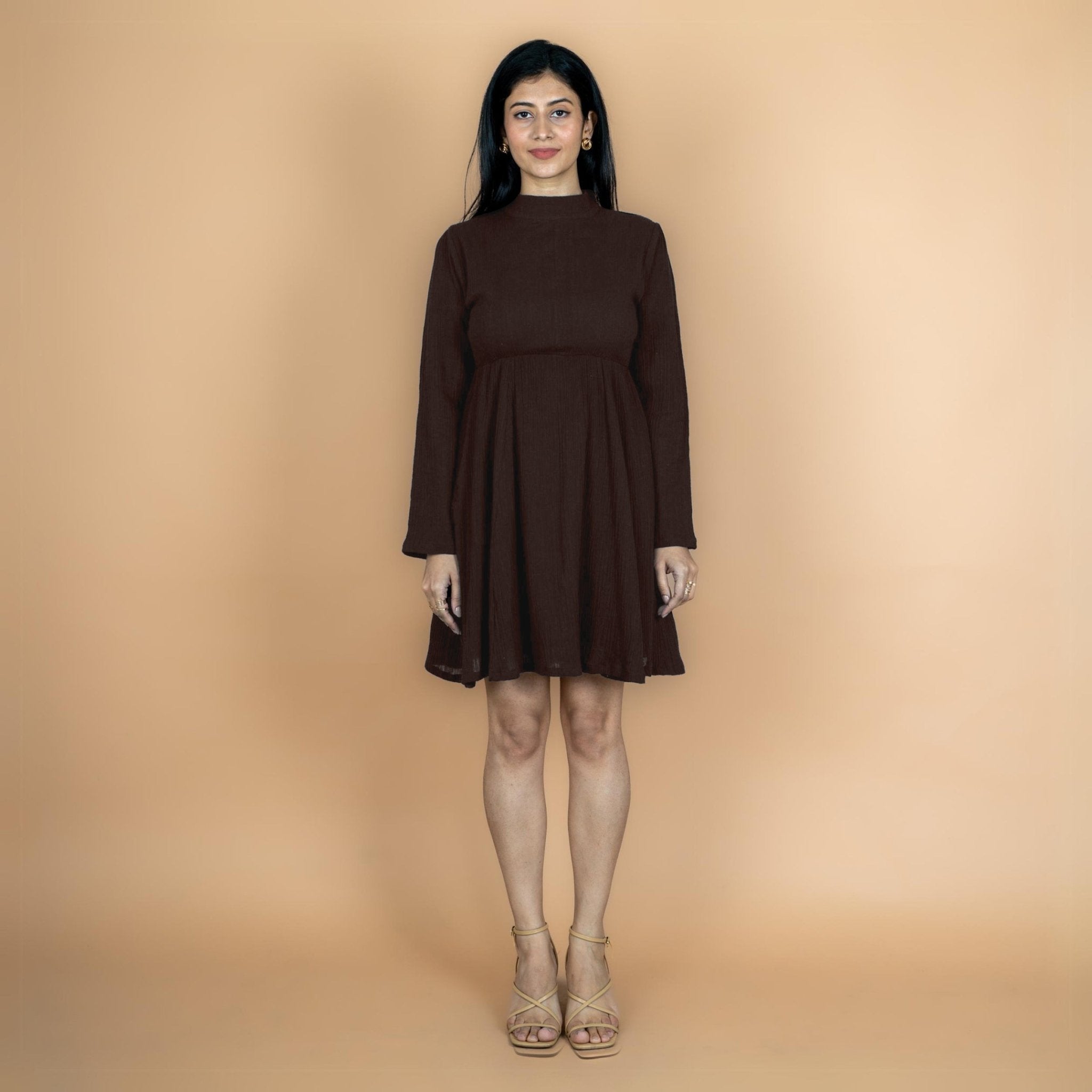 Brown Crinkled Cotton Flax Fit and Flare Short Empire Dress