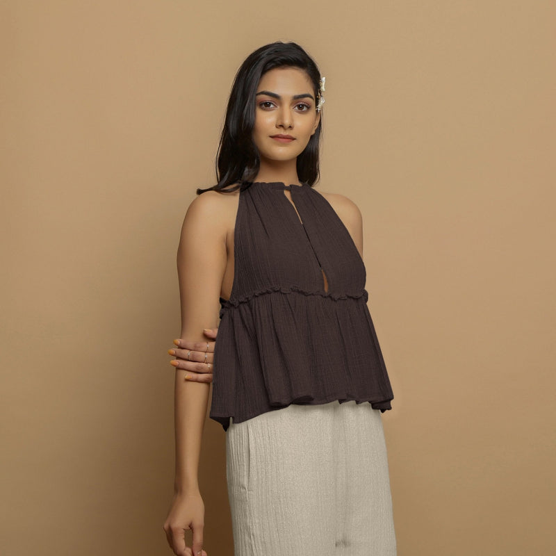 Brown Crinkled Cotton Flax Halter Neck Flared Top