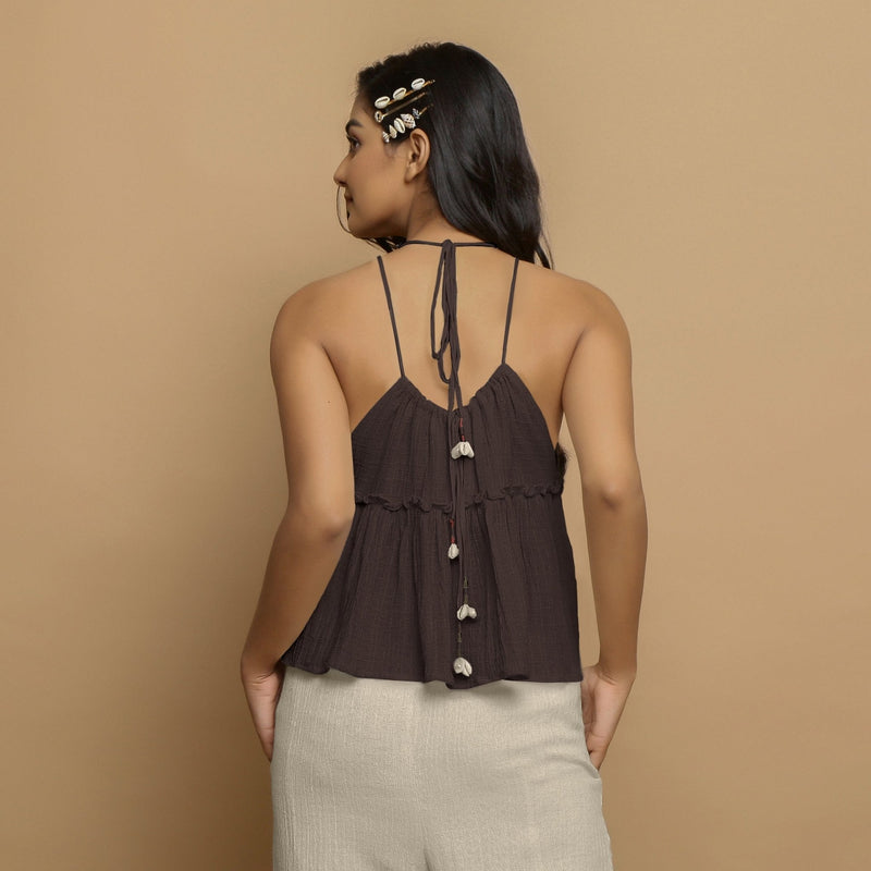 Brown Crinkled Cotton Flax Halter Neck Flared Top
