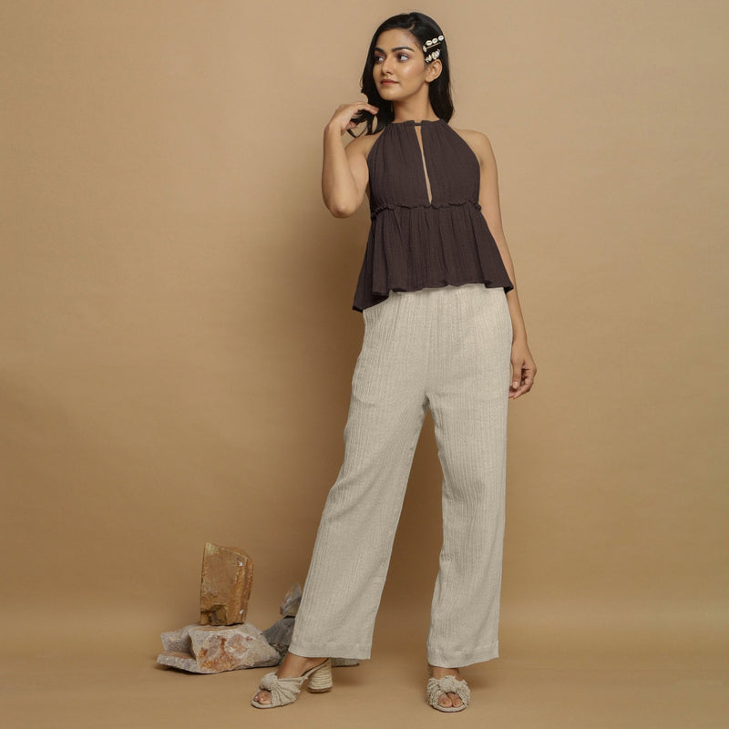 Brown Crinkled Cotton Flax Halter Neck Flared Top