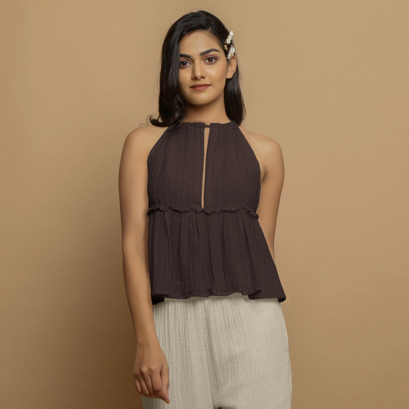 Brown Crinkled Cotton Flax Halter Neck Flared Top