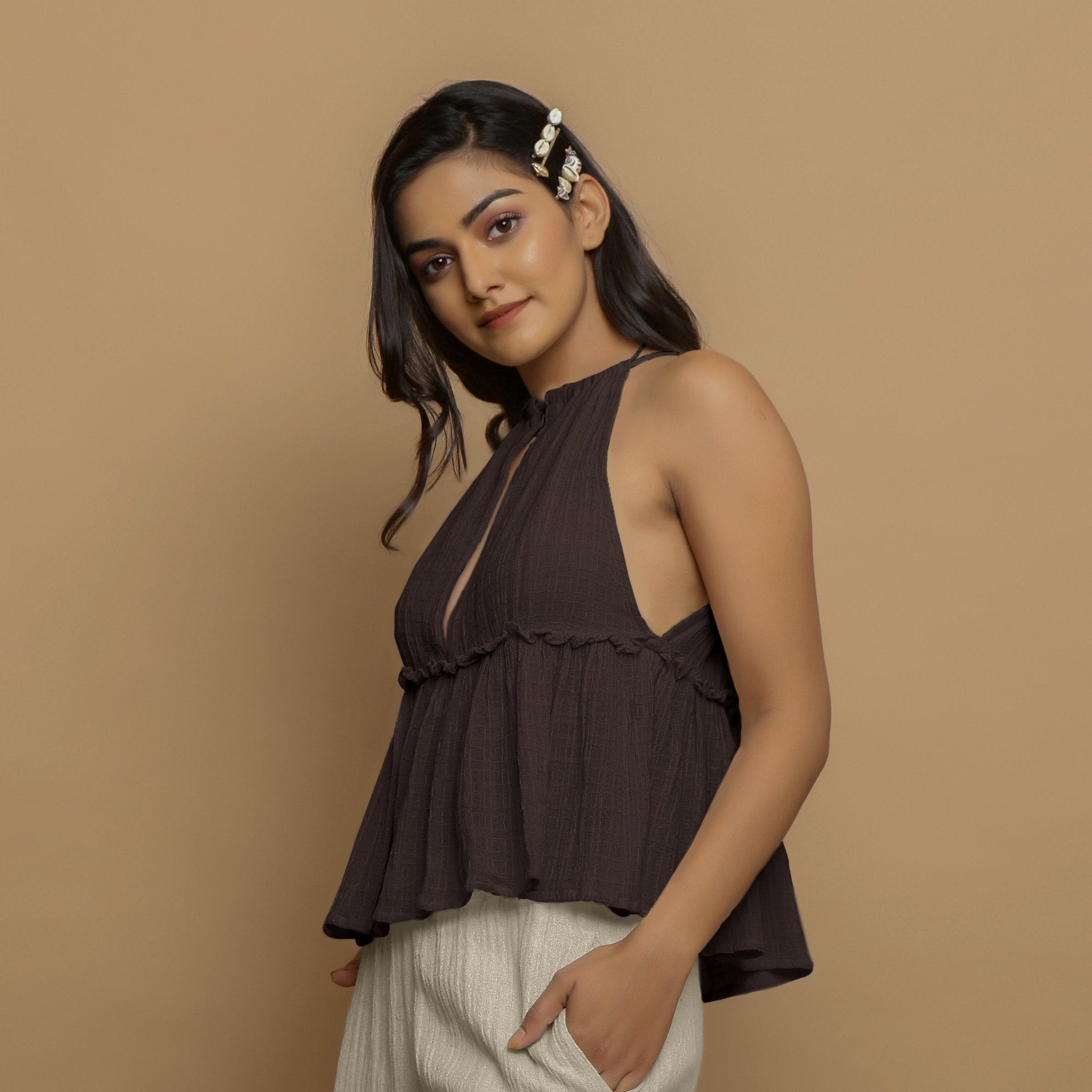 Brown Crinkled Cotton Flax Halter Neck Flared Top
