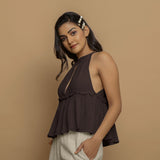 Brown Crinkled Cotton Flax Halter Neck Flared Top
