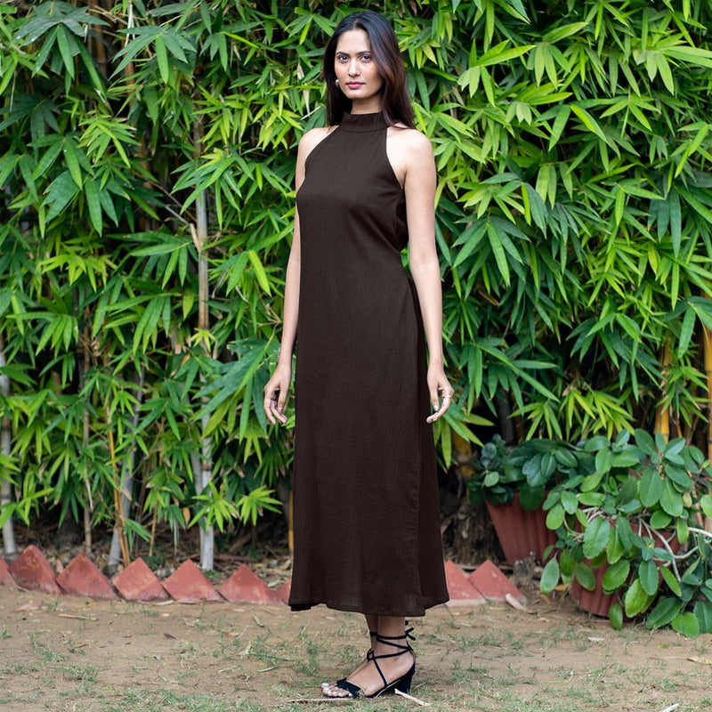 Brown Crinkled Cotton Flax Halter Neck Maxi Dress