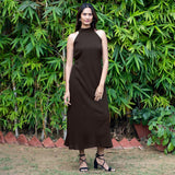Brown Crinkled Cotton Flax Halter Neck Maxi Dress