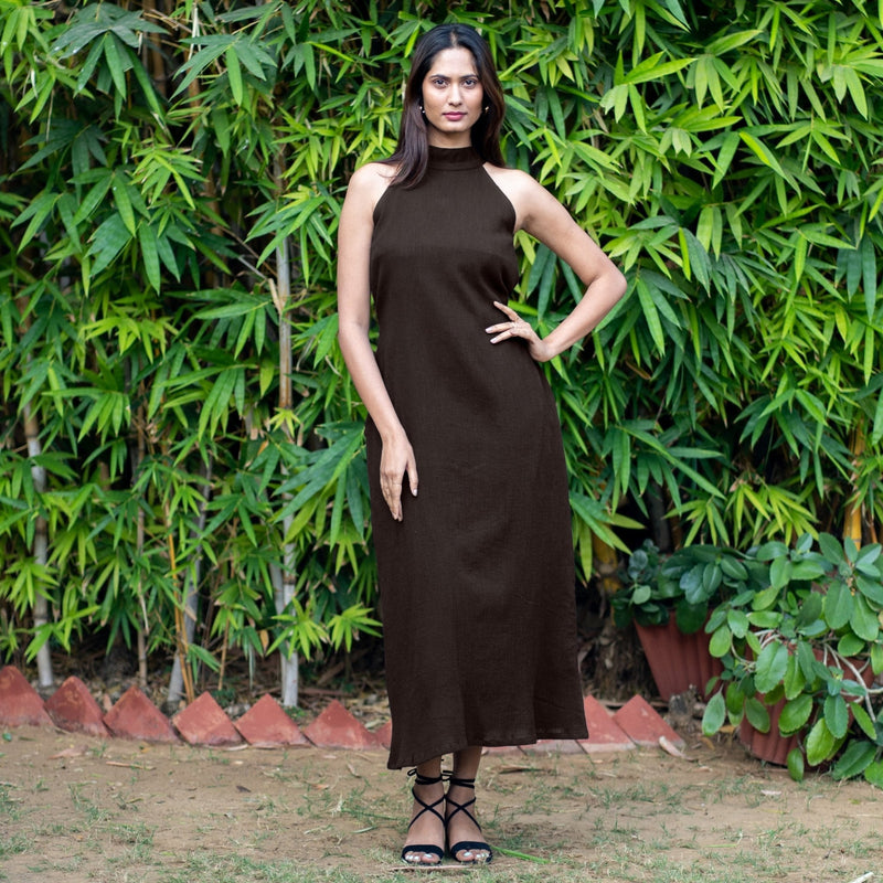 Brown Crinkled Cotton Flax Halter Neck Maxi Dress