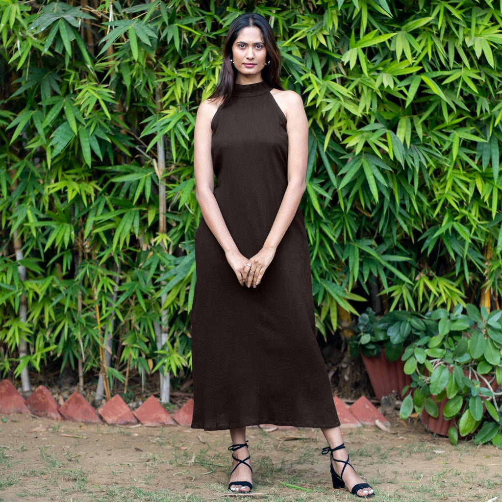 Brown Crinkled Cotton Flax Halter Neck Maxi Dress