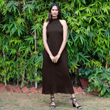 Brown Crinkled Cotton Flax Halter Neck Maxi Dress