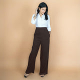 Brown Crinkled Cotton Flax High-Rise Flared Pant