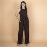 Brown Crinkled Cotton Flax High-Rise Flared Pant