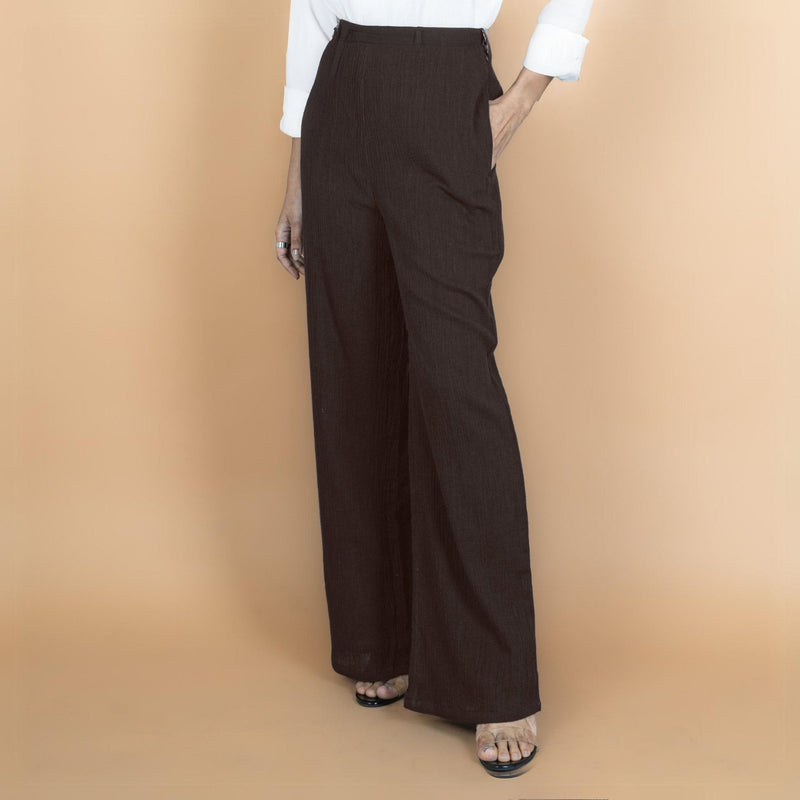 Brown Crinkled Cotton Flax High-Rise Flared Pant