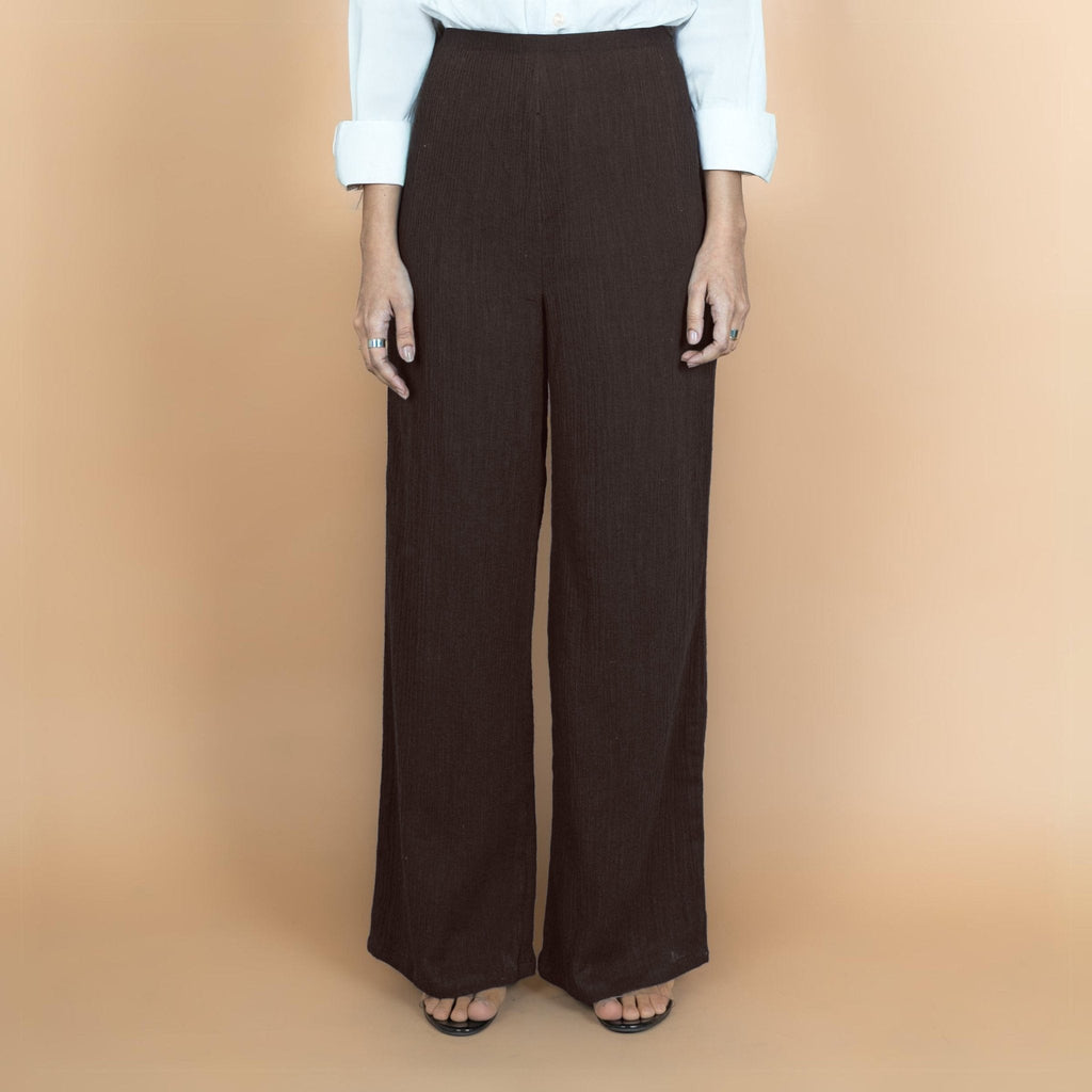 Brown Crinkled Cotton Flax High-Rise Flared Pant
