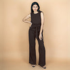 Brown Crinkled Cotton Flax High-Rise Flared Pant