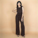 Brown Crinkled Cotton Flax High-Rise Flared Pant