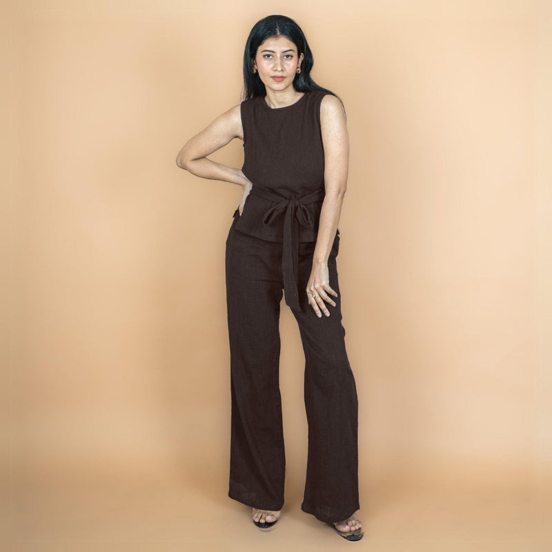 Brown Crinkled Cotton Flax High-Rise Flared Pant