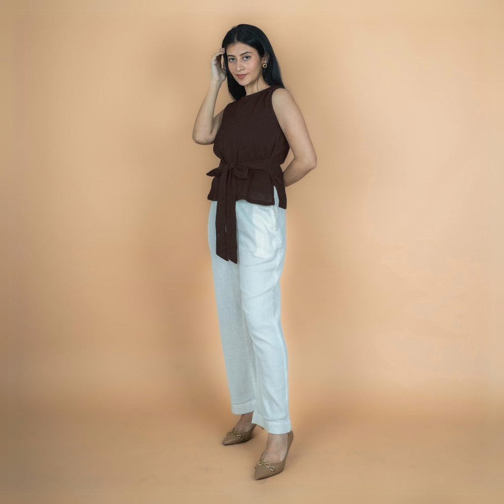 Brown Crinkled Cotton Flax Sleeveless Tie-Up Top