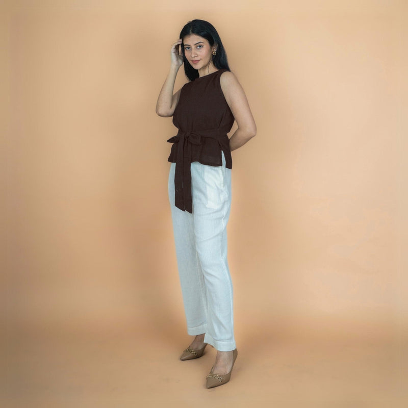 Brown Crinkled Cotton Flax Sleeveless Tie-Up Top