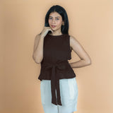 Brown Crinkled Cotton Flax Sleeveless Tie-Up Top