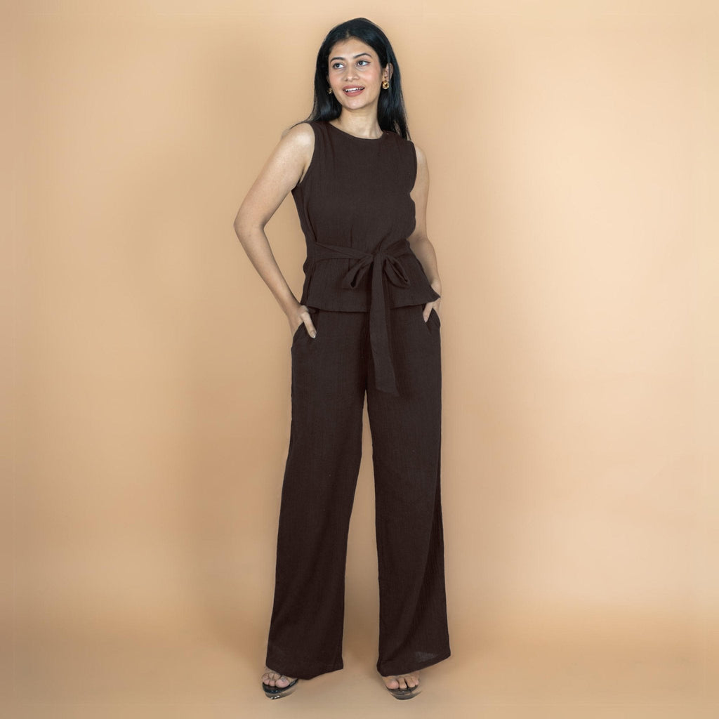 Brown Crinkled Cotton Flax Sleeveless Tie-Up Top