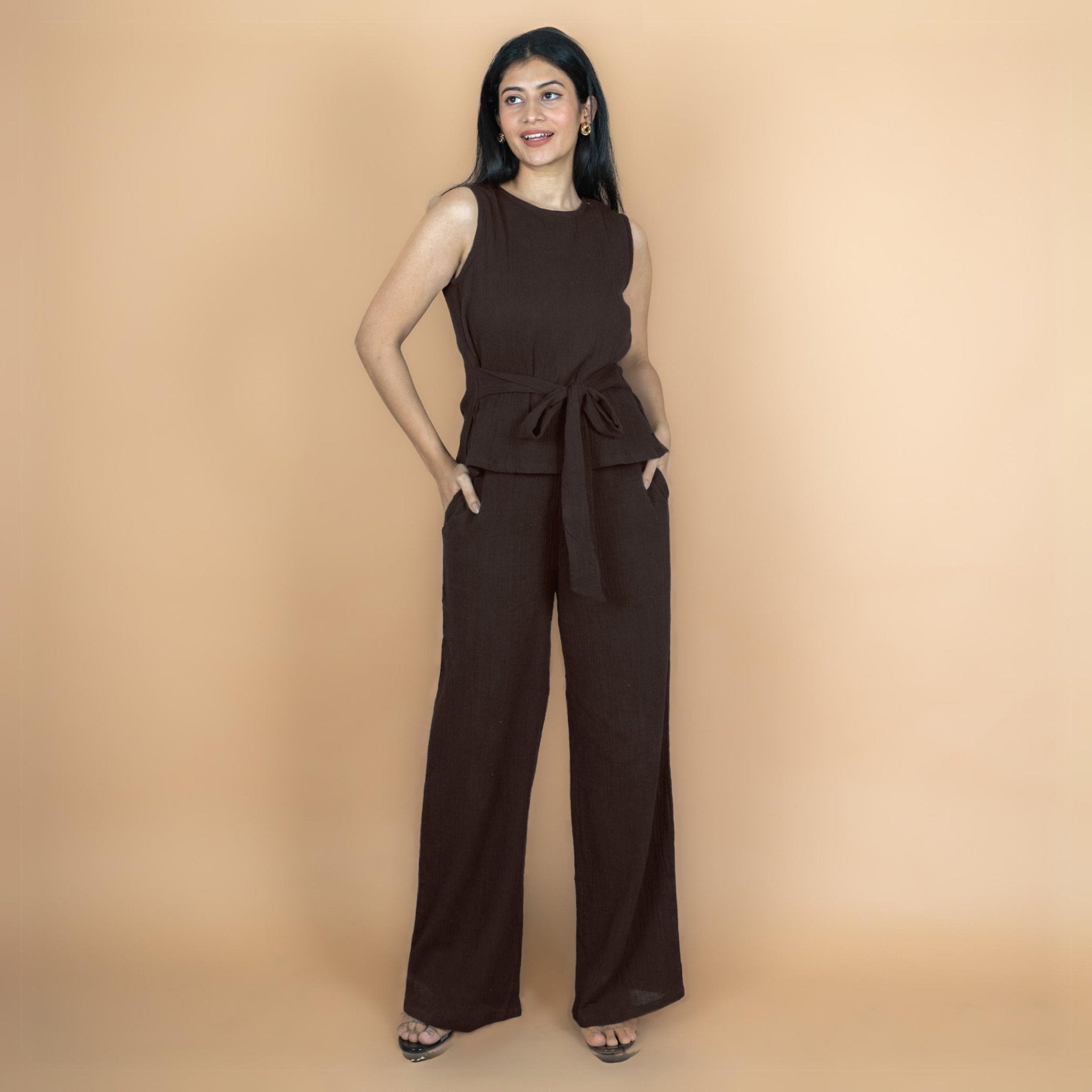 Brown Crinkled Cotton Flax Sleeveless Tie-Up Top