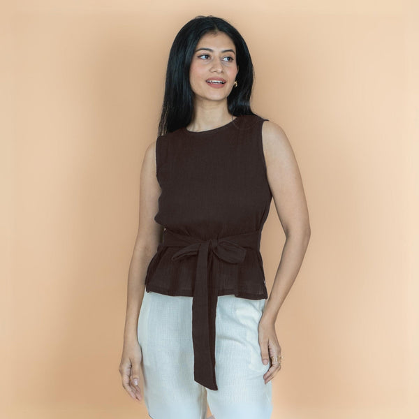 Brown Crinkled Cotton Flax Sleeveless Tie-Up Top