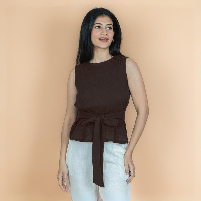 Brown Crinkled Cotton Flax Sleeveless Tie-Up Top