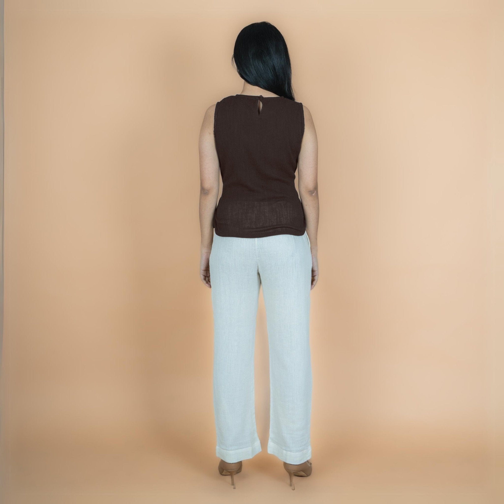 Brown Crinkled Cotton Flax Sleeveless Tie-Up Top