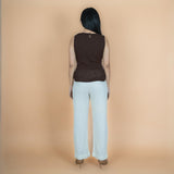 Brown Crinkled Cotton Flax Sleeveless Tie-Up Top