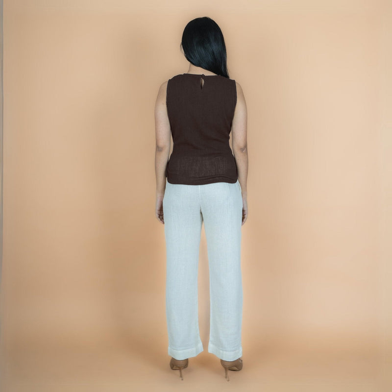 Brown Crinkled Cotton Flax Sleeveless Tie-Up Top
