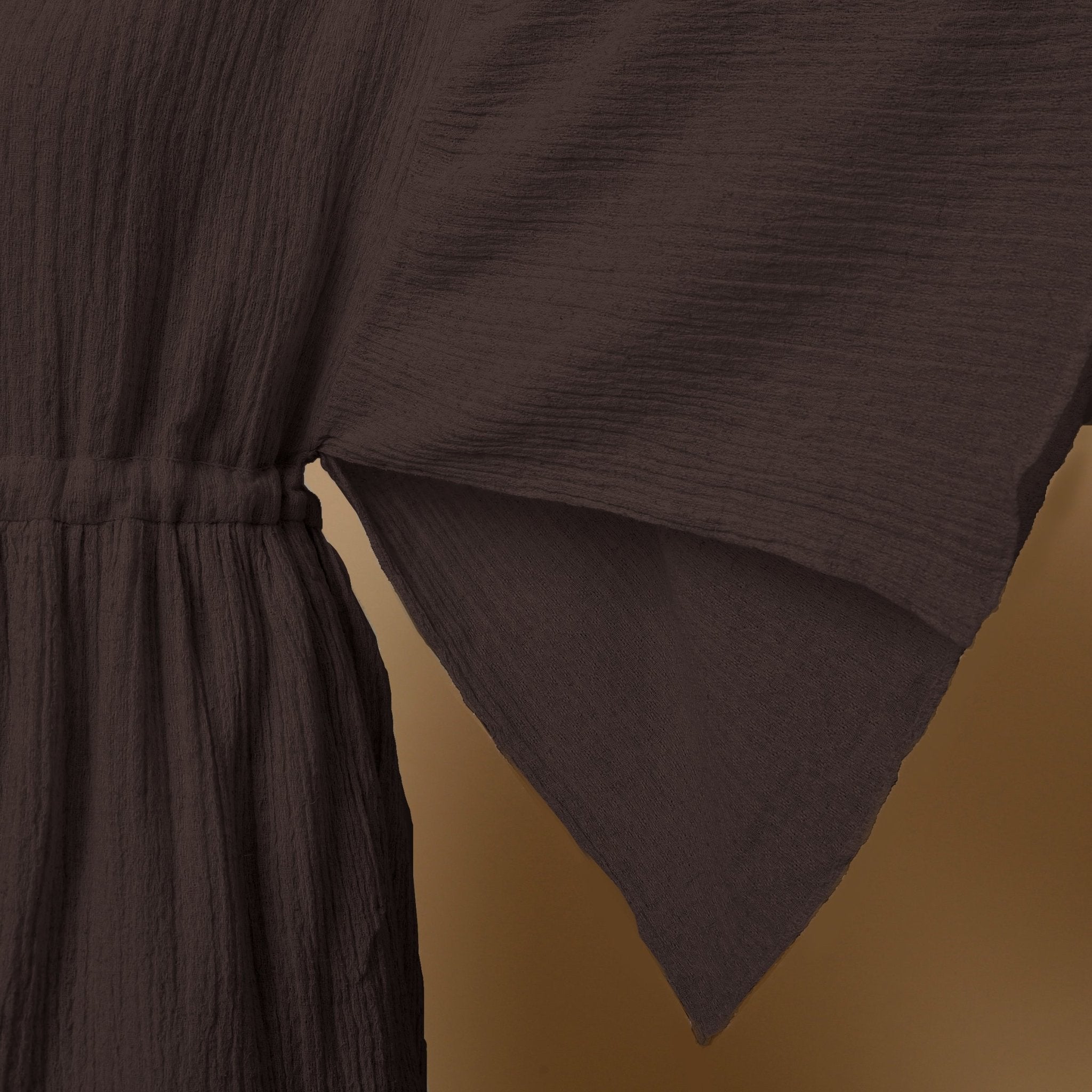 Brown Crinkled Cotton Flax V-Neck Drop Shoulder Knee Length Dress