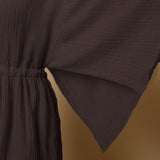Brown Crinkled Cotton Flax V-Neck Drop Shoulder Knee Length Dress