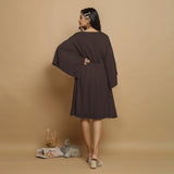 Brown Crinkled Cotton Flax V-Neck Drop Shoulder Knee Length Dress