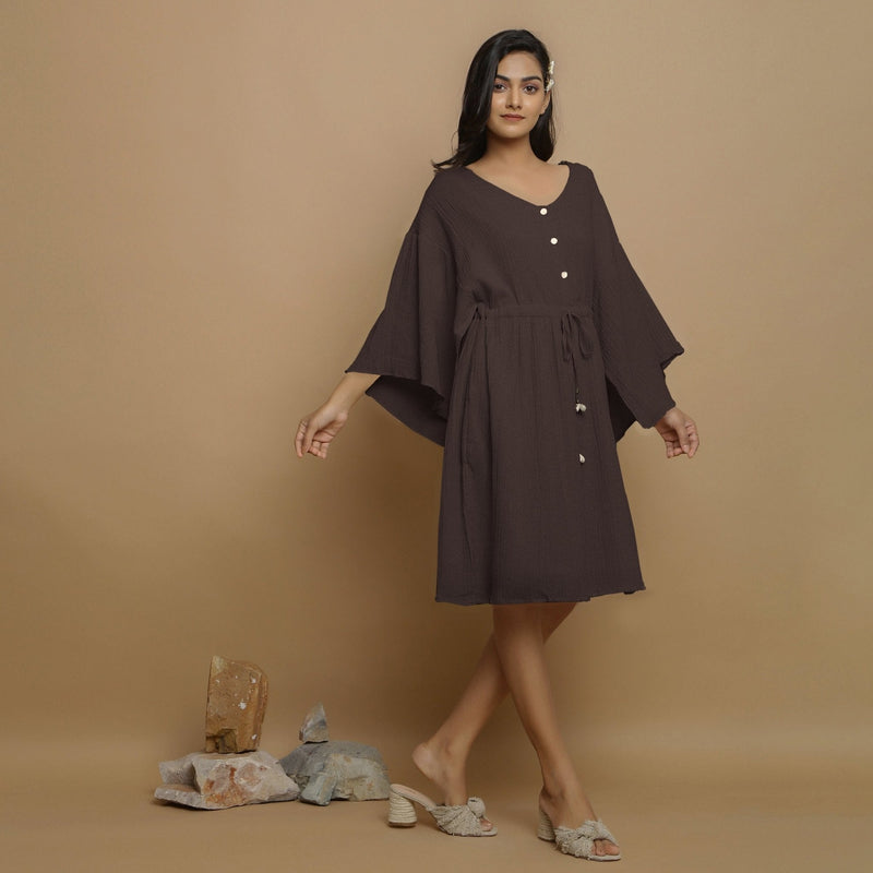 Brown Crinkled Cotton Flax V-Neck Drop Shoulder Knee Length Dress