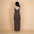 Brown Crinkled Cotton Flax V-Neck Strap Sleeve Jumpsuit