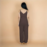 Brown Crinkled Cotton Flax V-Neck Strap Sleeve Jumpsuit