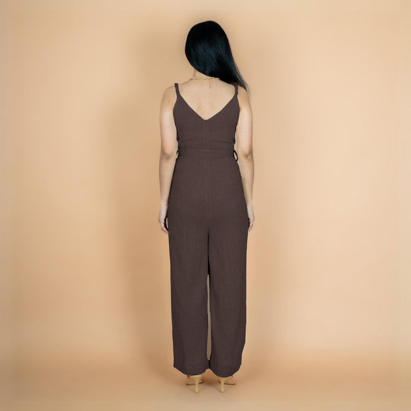 Brown Crinkled Cotton Flax V-Neck Strap Sleeve Jumpsuit