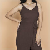 Brown Crinkled Cotton Flax V-Neck Strap Sleeve Jumpsuit