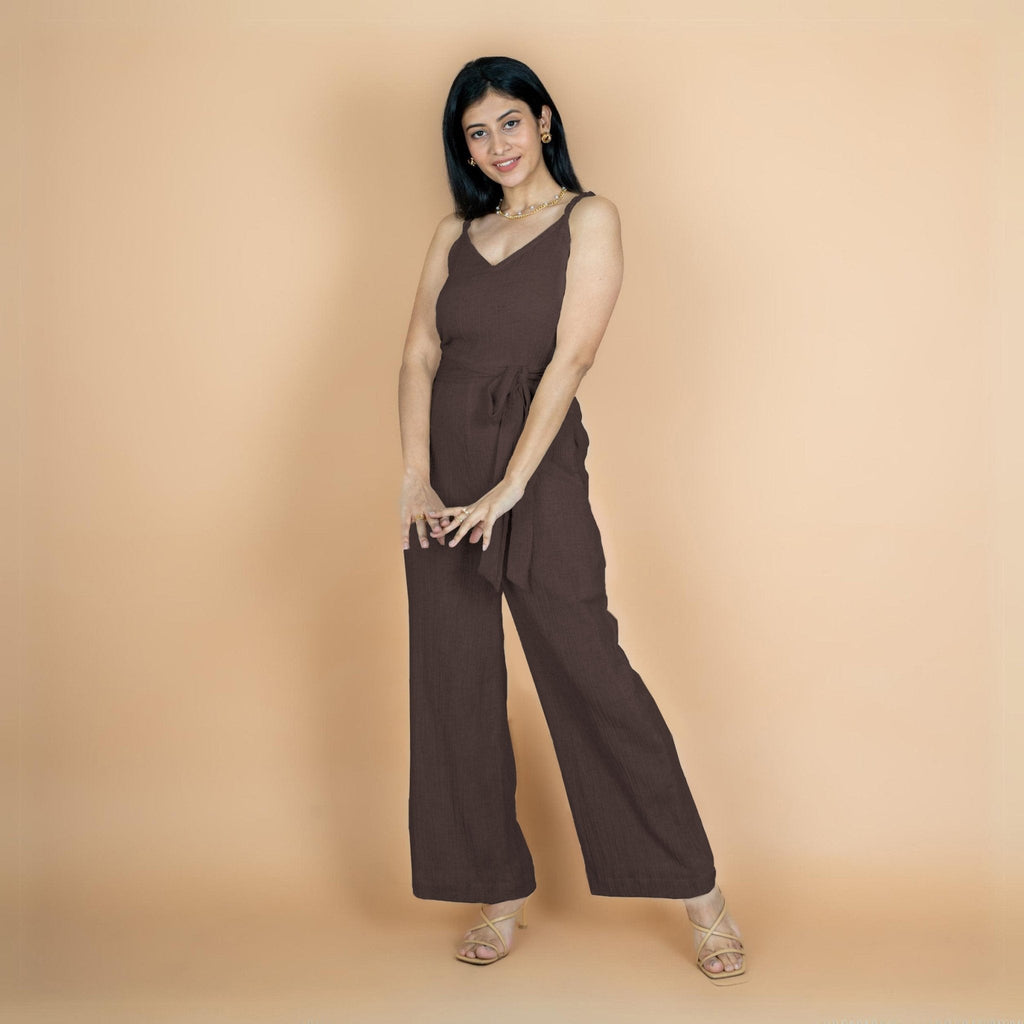 Brown Crinkled Cotton Flax V-Neck Strap Sleeve Jumpsuit