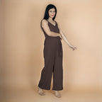 Brown Crinkled Cotton Flax V-Neck Strap Sleeve Jumpsuit