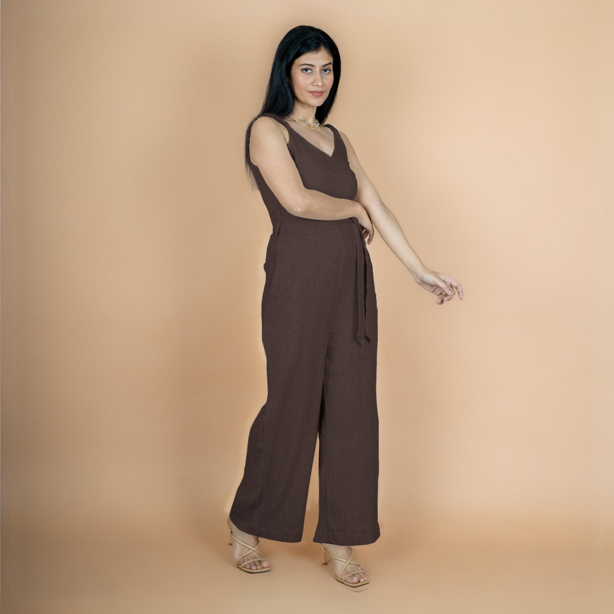 Brown Crinkled Cotton Flax V-Neck Strap Sleeve Jumpsuit