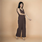 Brown Crinkled Cotton Flax V-Neck Strap Sleeve Jumpsuit