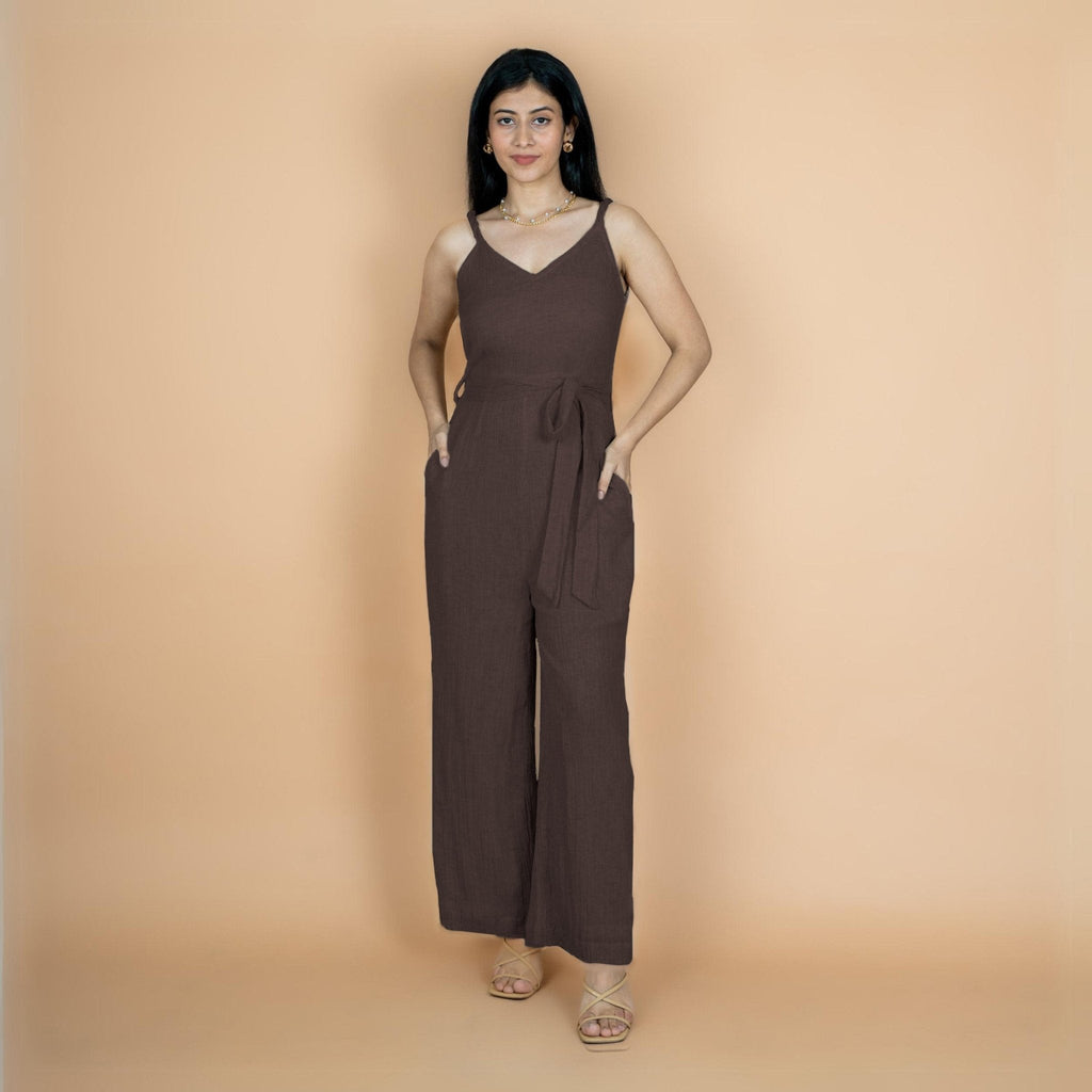 Brown Crinkled Cotton Flax V-Neck Strap Sleeve Jumpsuit