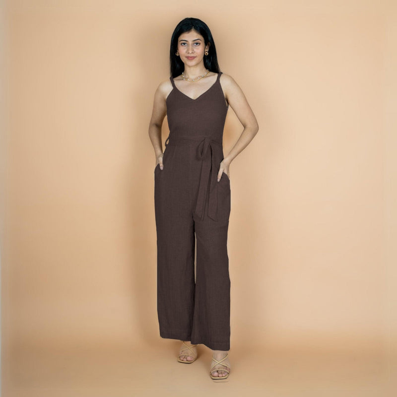 Brown Crinkled Cotton Flax V-Neck Strap Sleeve Jumpsuit