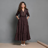 Brown Hand-Beaded Cotton Flax Boho Maxi Dress