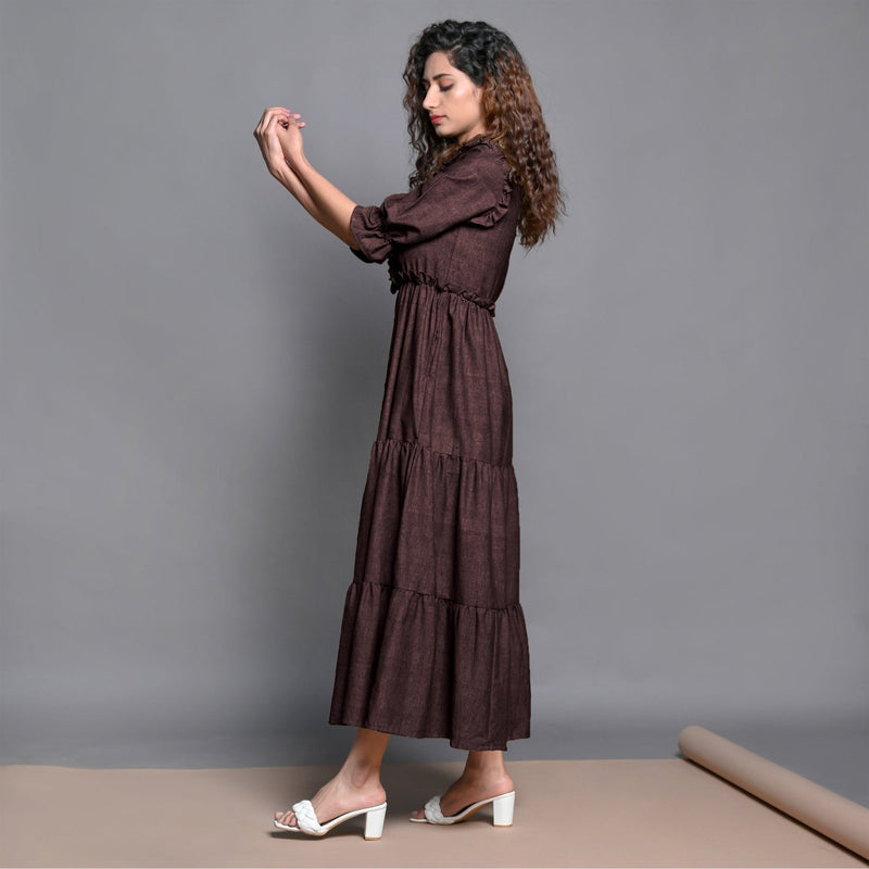 Brown Hand-Beaded Cotton Flax Boho Maxi Dress